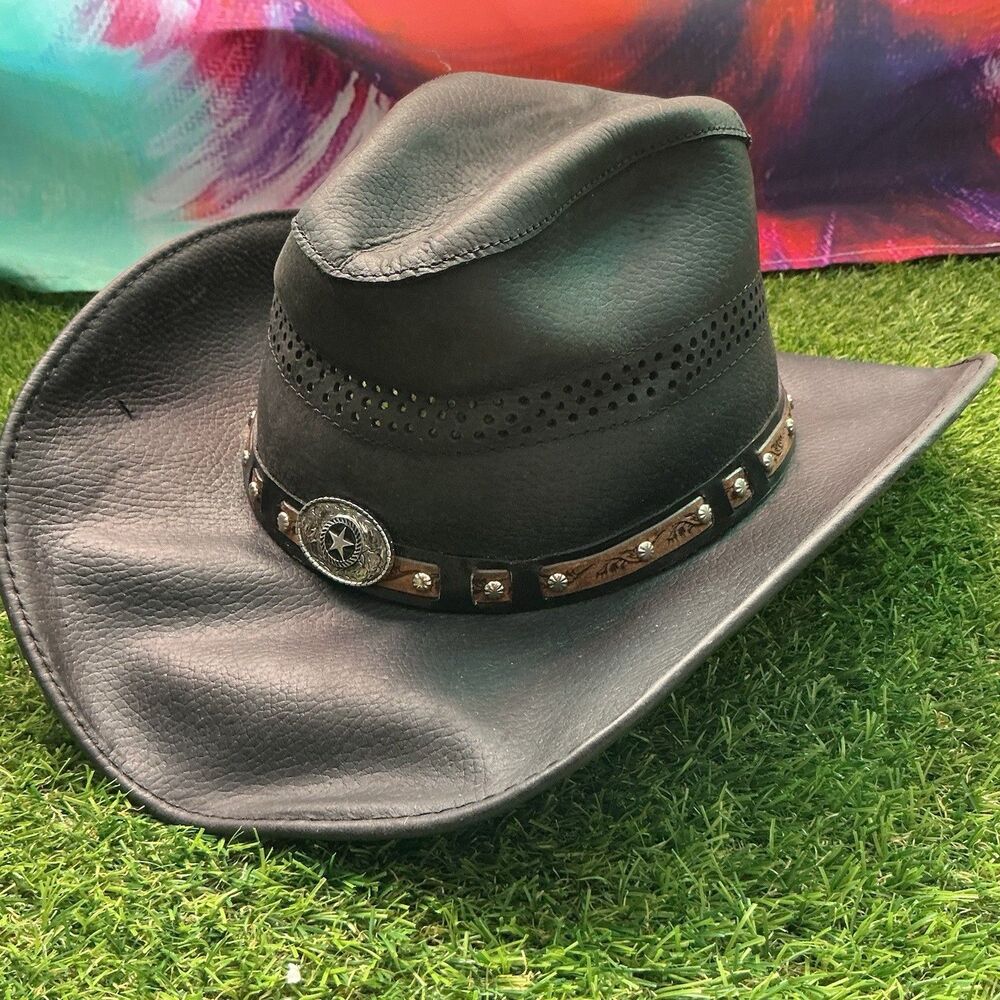 Bullhide Black Leather Cowboy Hat Size L Western Studded Star 18” Brim